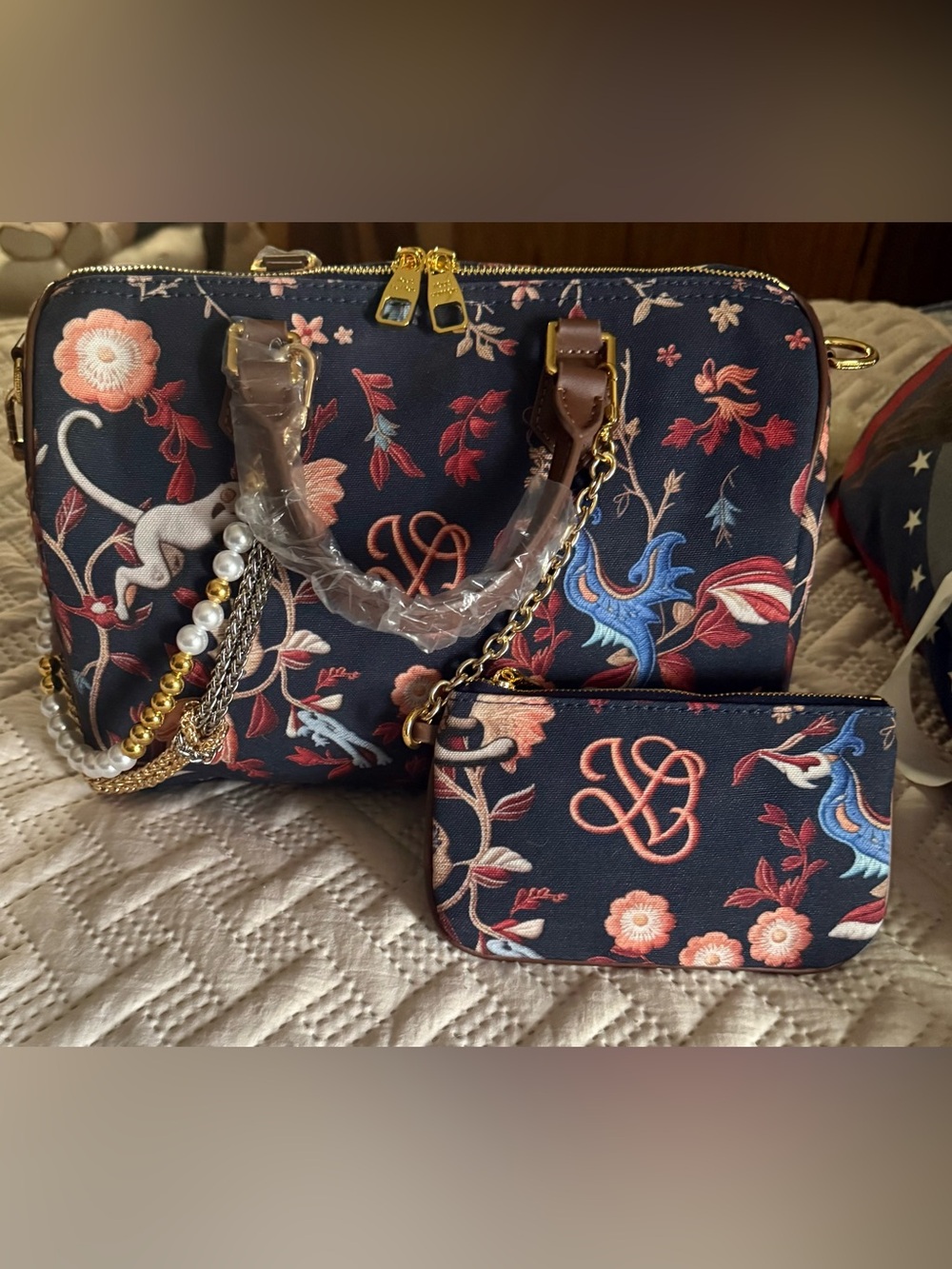 Floral and Animal Motif Navy Satchel with Matching Pouch